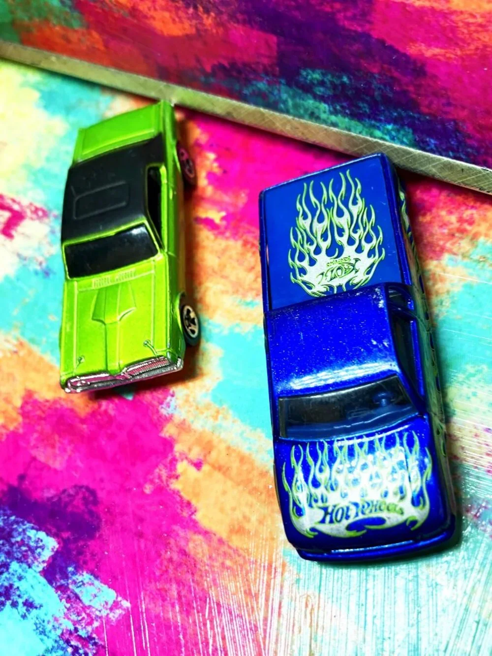 HOT WHEELS COLLECTIBLE TOYS- *2001* Green '68 Cougar & *2003* Blue Steel Flame